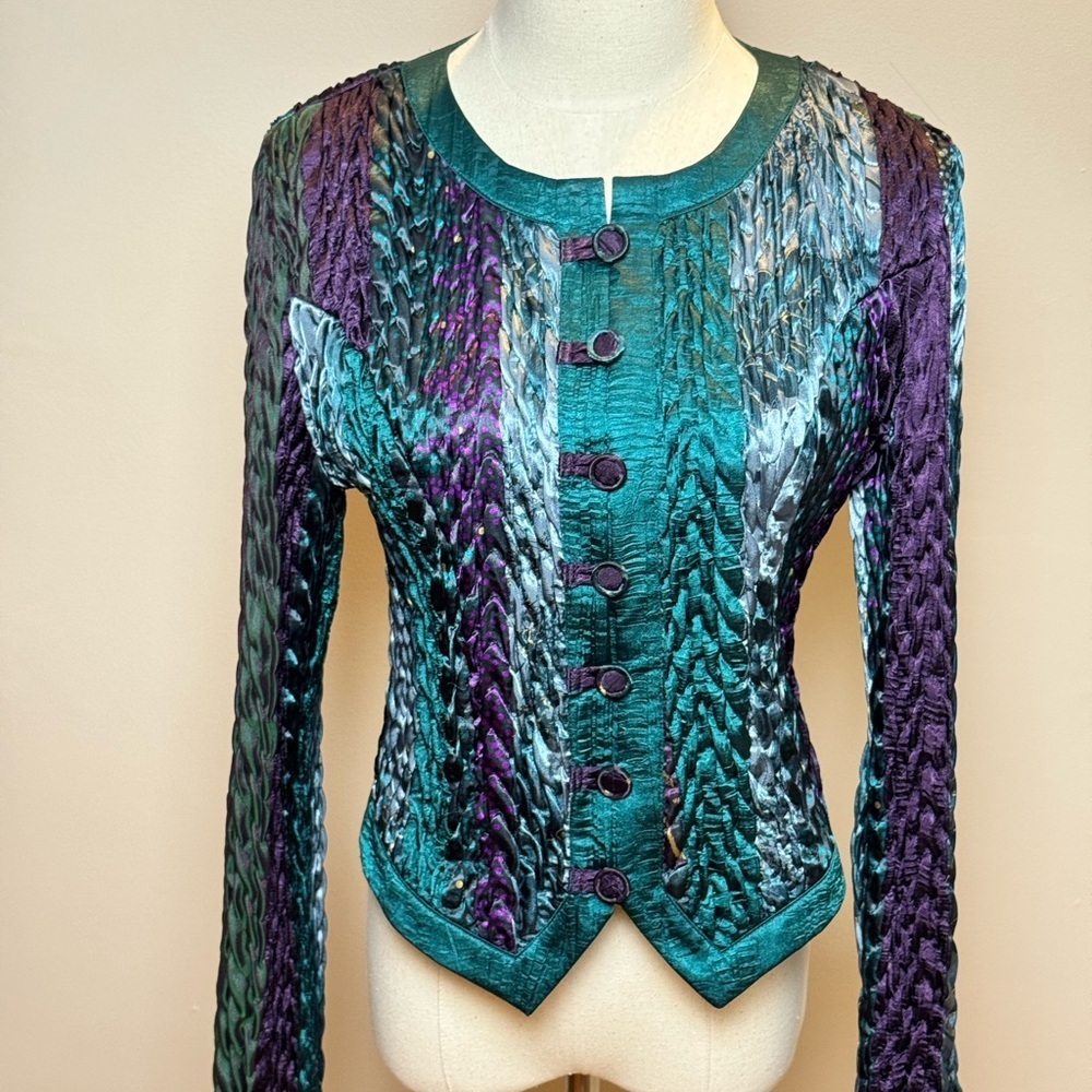 Vintage Jeanne Marc Braided Texture, Teal & Purple Jacket Size Small - Picture 4 of 12